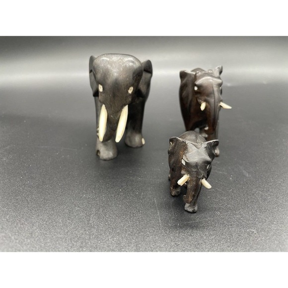 Hand Carved Wooden Elephant Family Mama And Babies Set Of 3 Vintage Elephants - Picture 3 of 15